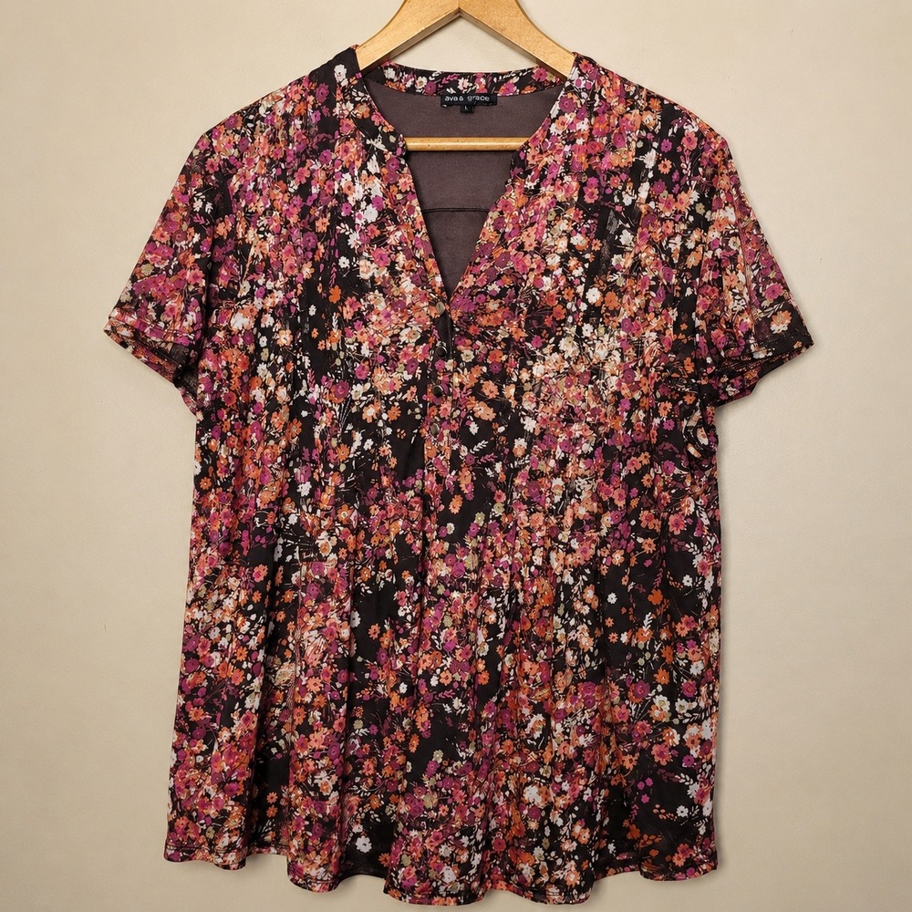 Ava & Grace L Floral Boho Tunic Blouse Flutter Sleeve Cottagecore Peasant Top